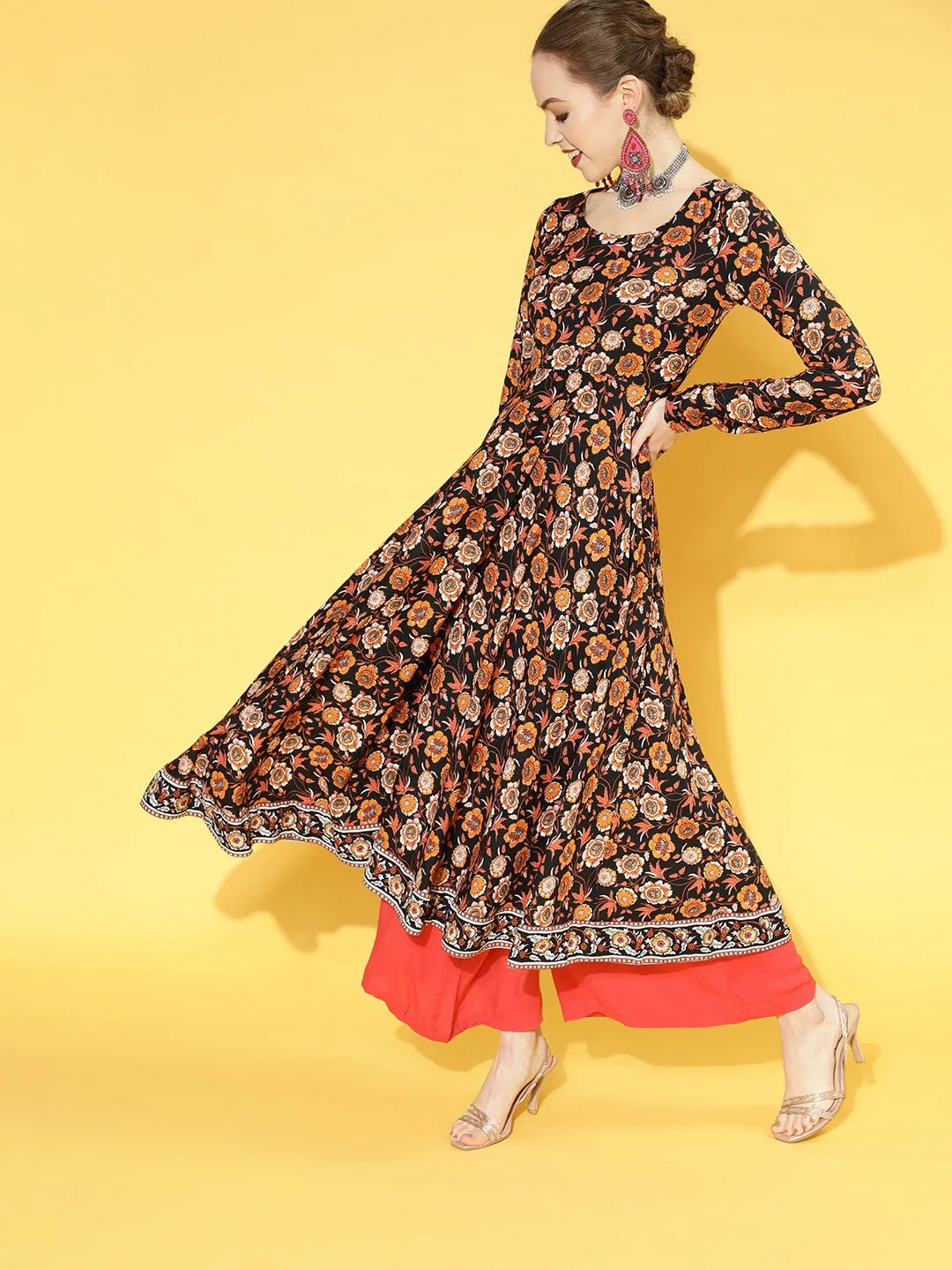 Berrylush Women Black & Orange Ethnic Motifs Printed Round Neck Flared Calf Length Anarkali Kurta