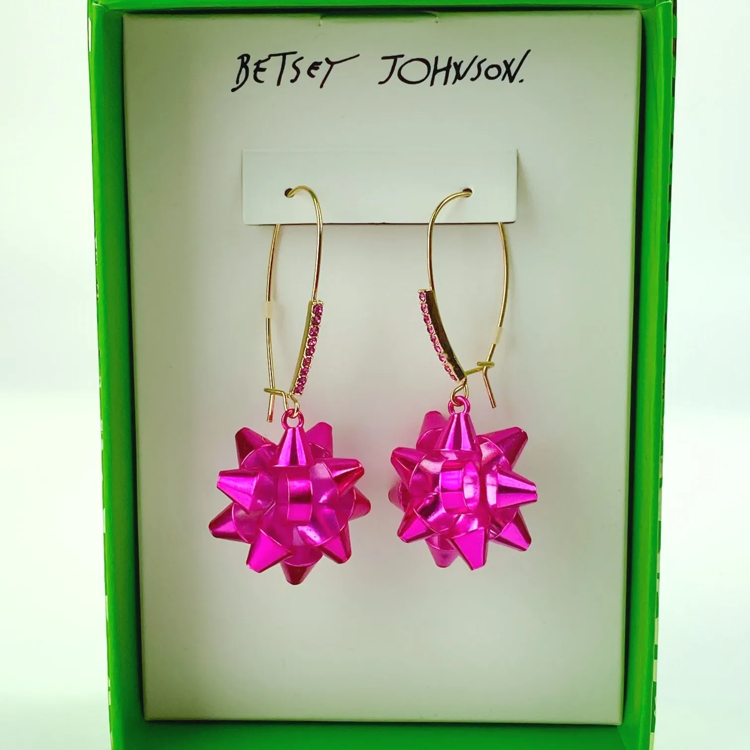 Betsey Johnson Hot Pink Holiday Wrap Me Up Bow Dangle Earrings