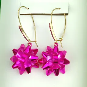 Betsey Johnson Hot Pink Holiday Wrap Me Up Bow Dangle Earrings