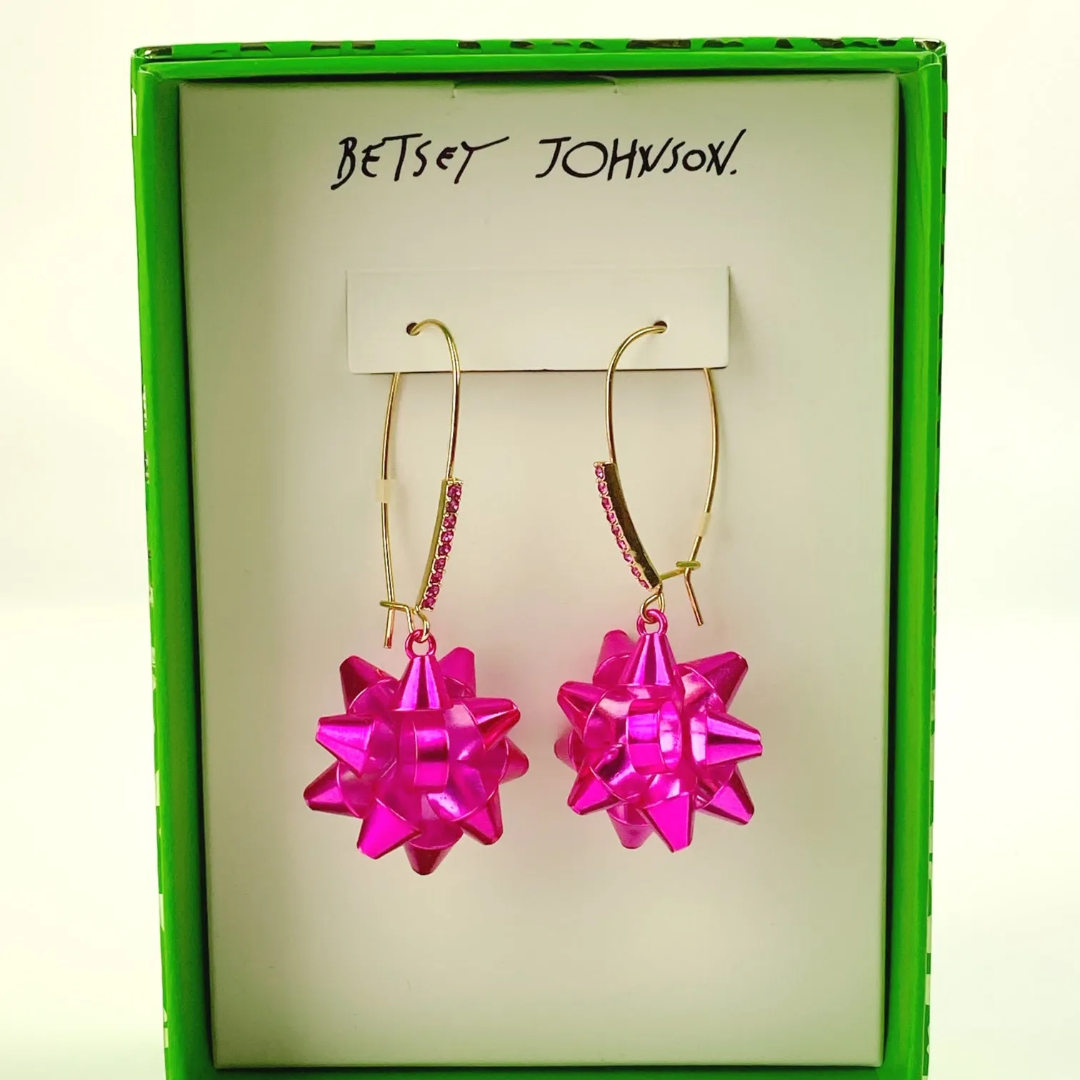 Betsey Johnson Hot Pink Holiday Wrap Me Up Bow Dangle Earrings