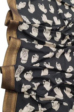 Black And White Kalamkari Hand Painted Pure Bangalore Silk Dupatta