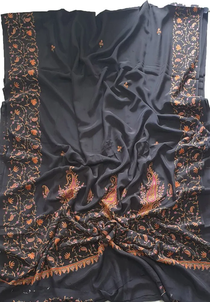 Black Hand Embroidered Kashmiri Sozni Work Crepe Saree