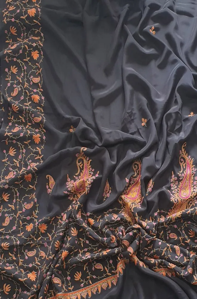 Black Hand Embroidered Kashmiri Sozni Work Crepe Saree