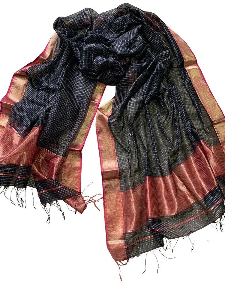 Black Handloom Maheshwari Silk Cotton Dupatta