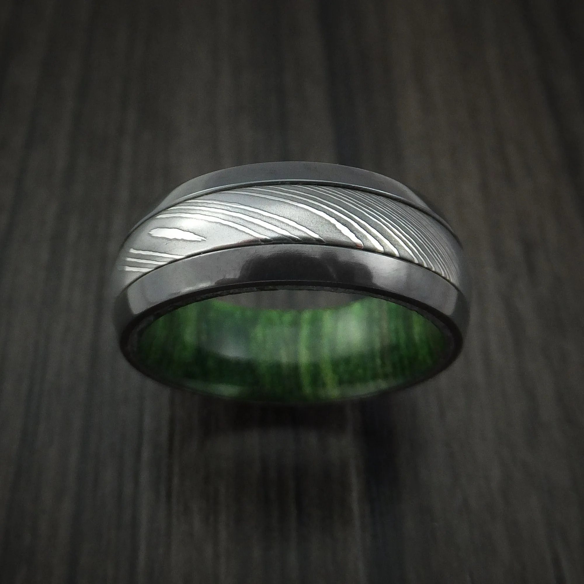 Black Titanium and Damascus Steel Men's Ring with Jade Wood Hardwood Interior Sleeve Custom Made