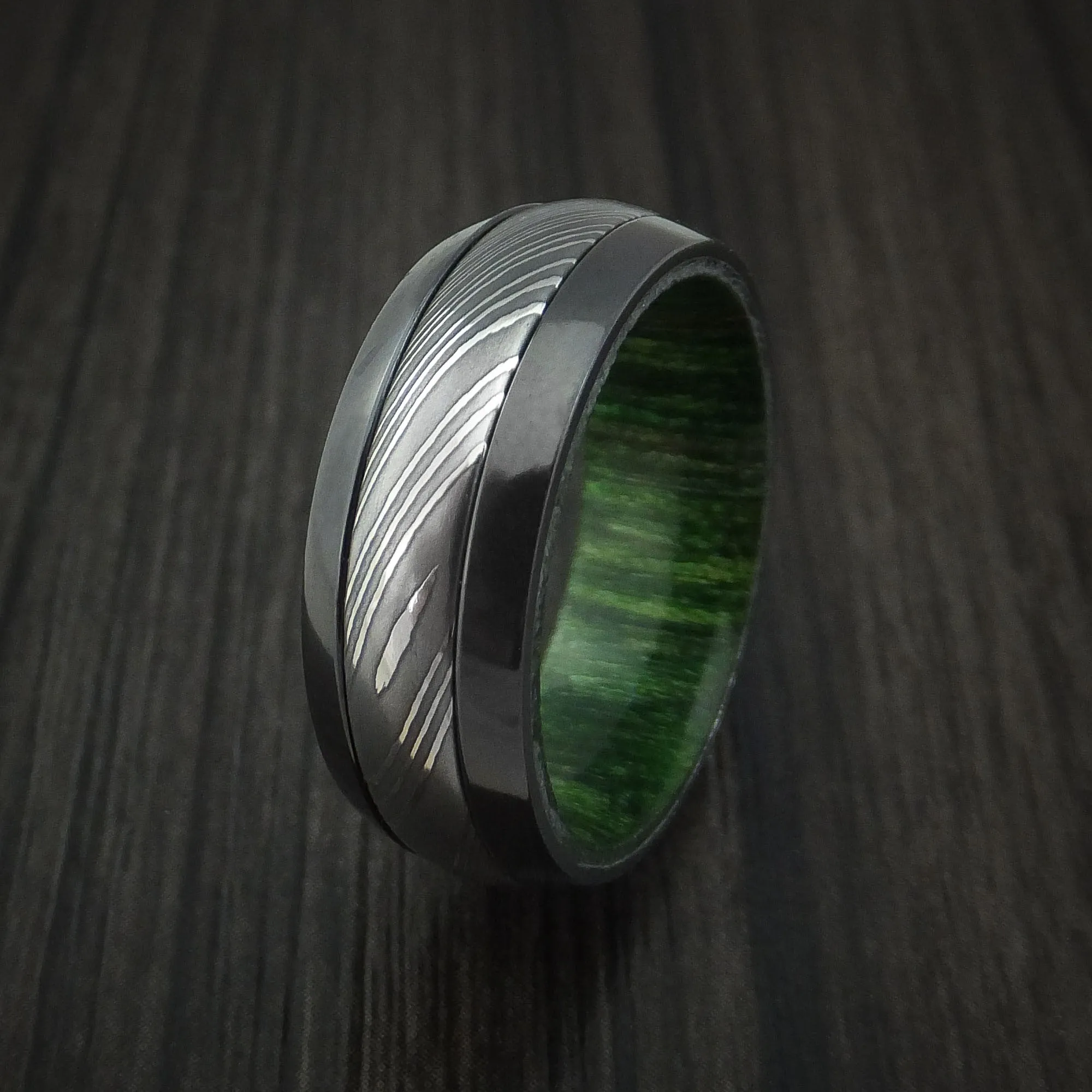 Black Titanium and Damascus Steel Men's Ring with Jade Wood Hardwood Interior Sleeve Custom Made