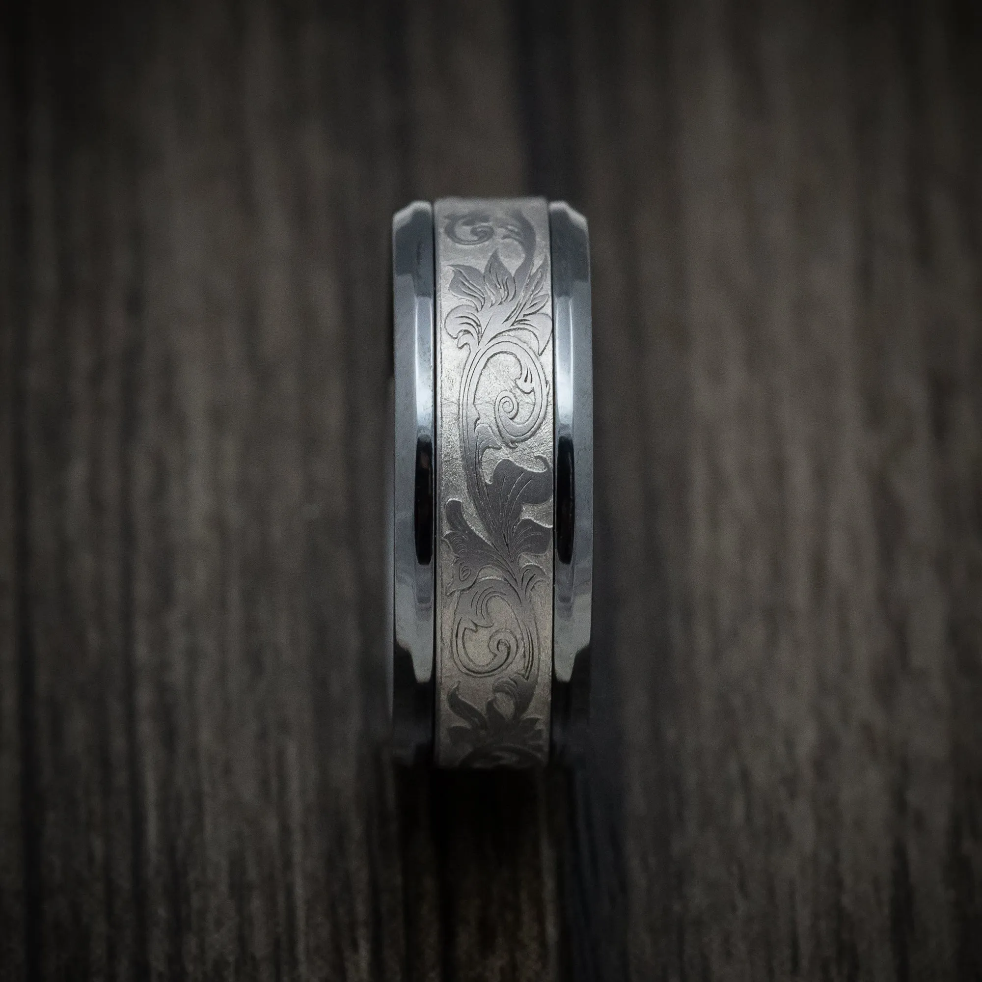 Black Titanium and Tantalum Mens Ring with Vintage Floral Design