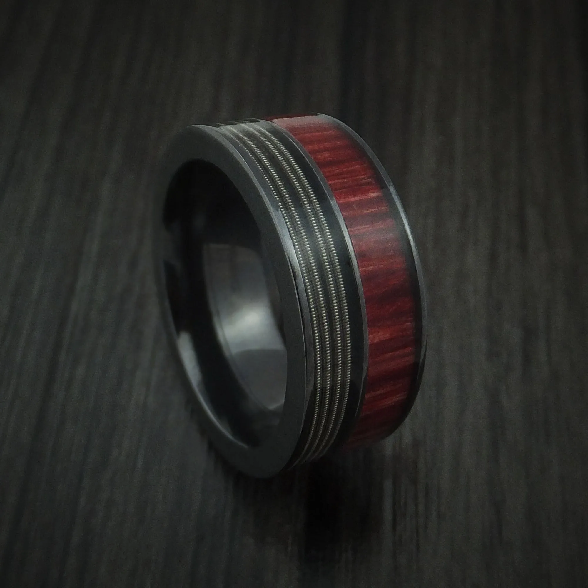 Black Titanium Men's Ring with Guitar String and Red Heart Wood Inlays Custom Made Band