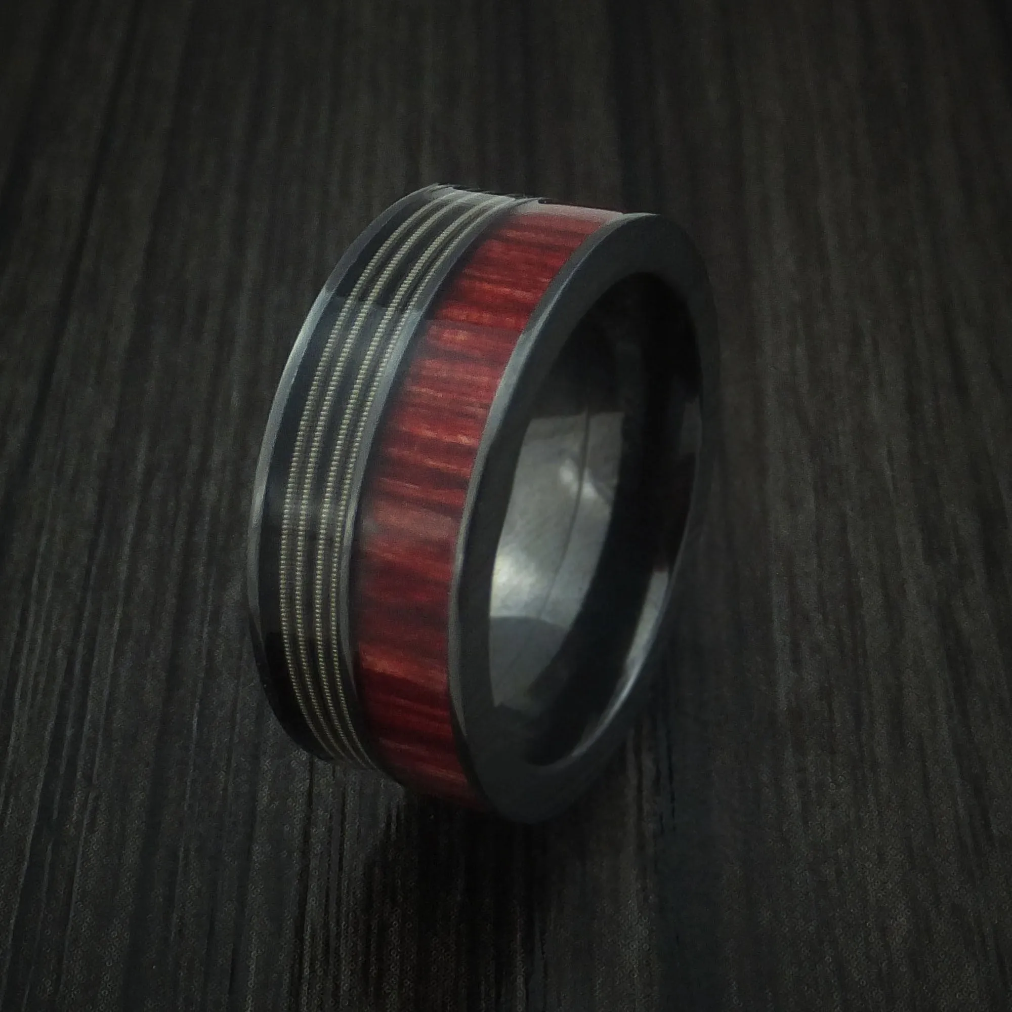 Black Titanium Men's Ring with Guitar String and Red Heart Wood Inlays Custom Made Band