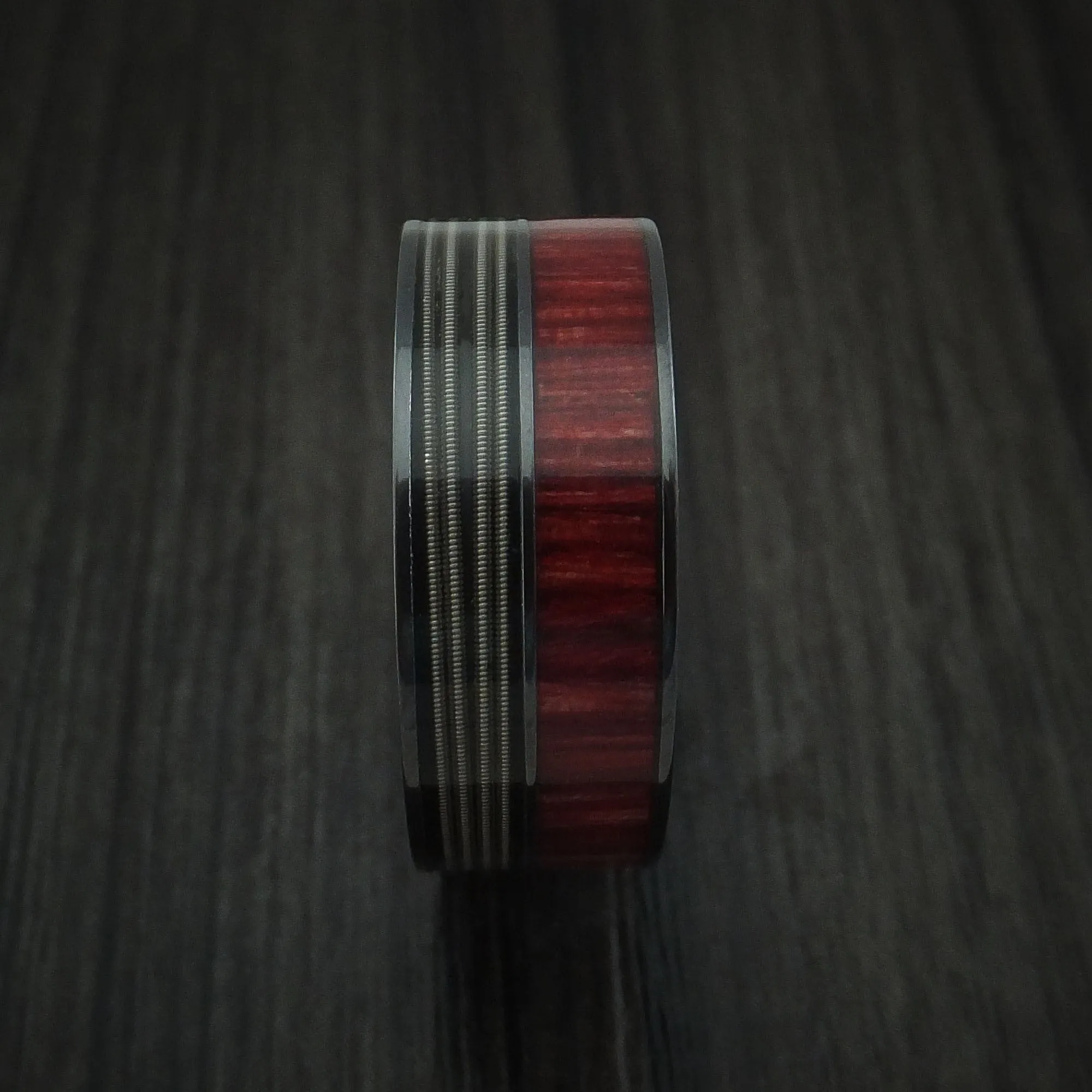 Black Titanium Men's Ring with Guitar String and Red Heart Wood Inlays Custom Made Band