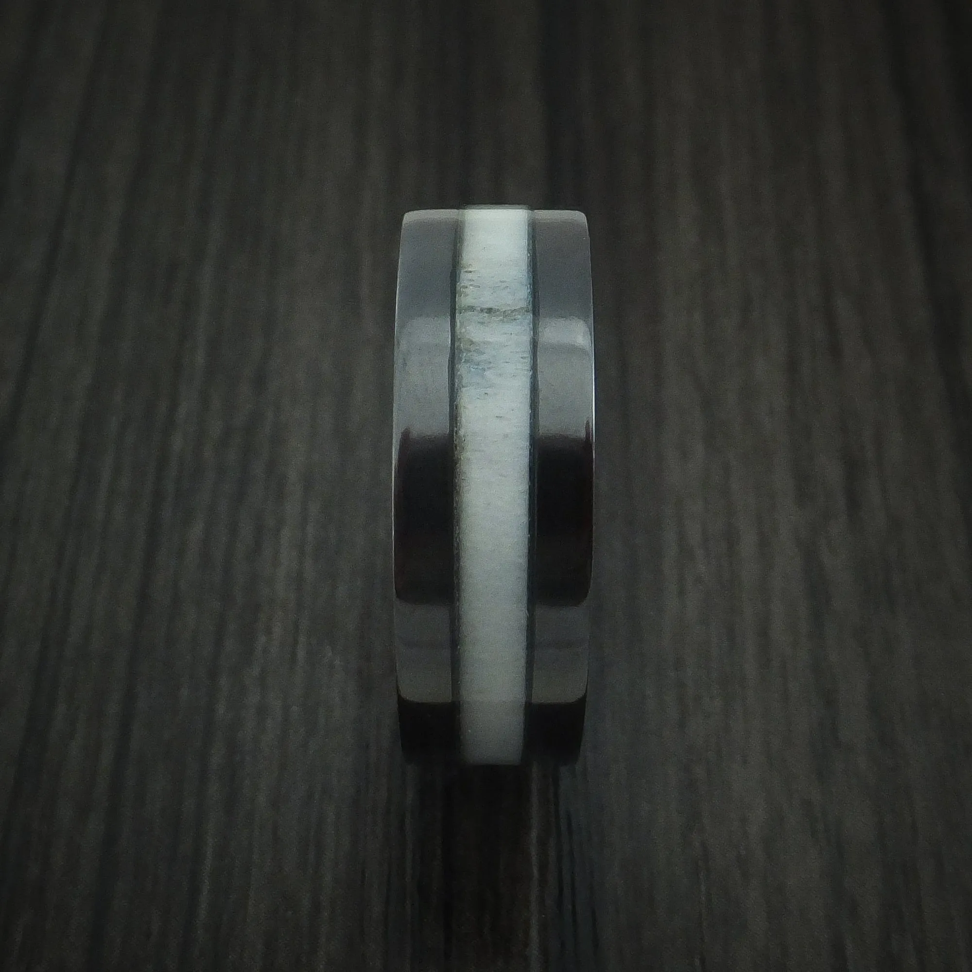 Black Zirconium and Antler Men's Ring with Wood Sleeve Custom Made Band