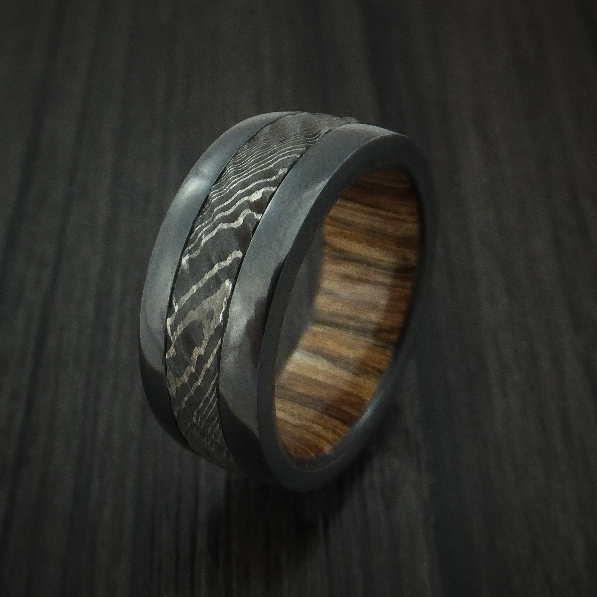 Black Zirconium and Damascus Steel Men's Ring with Tree Bark Carved Finish and Walnut Hardwood Sleeve Custom Made Band