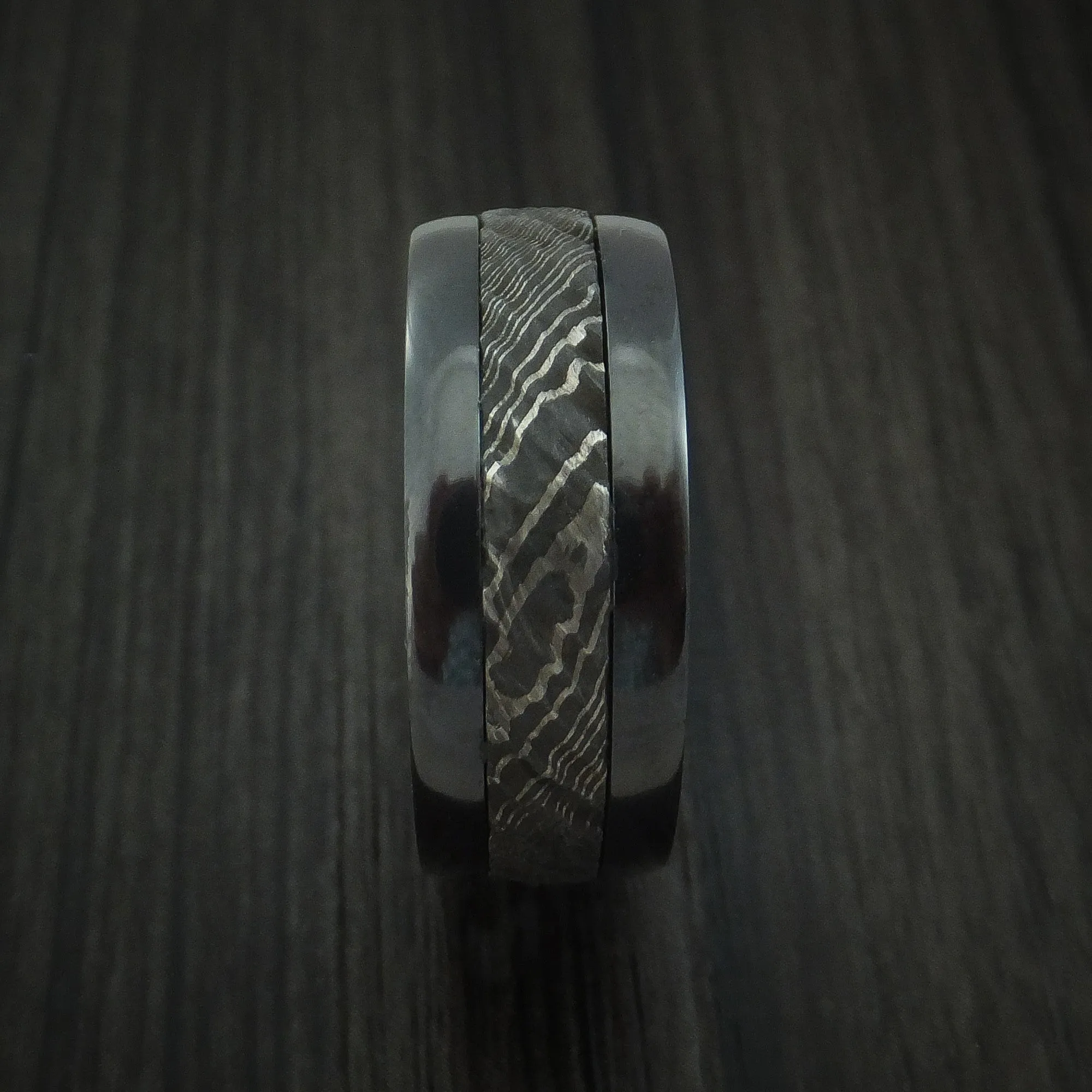 Black Zirconium and Damascus Steel Men's Ring with Tree Bark Carved Finish and Walnut Hardwood Sleeve Custom Made Band