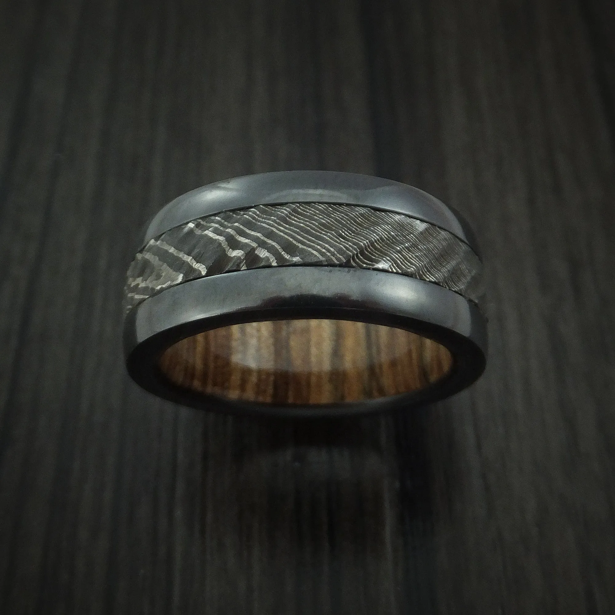 Black Zirconium and Damascus Steel Men's Ring with Tree Bark Carved Finish and Walnut Hardwood Sleeve Custom Made Band