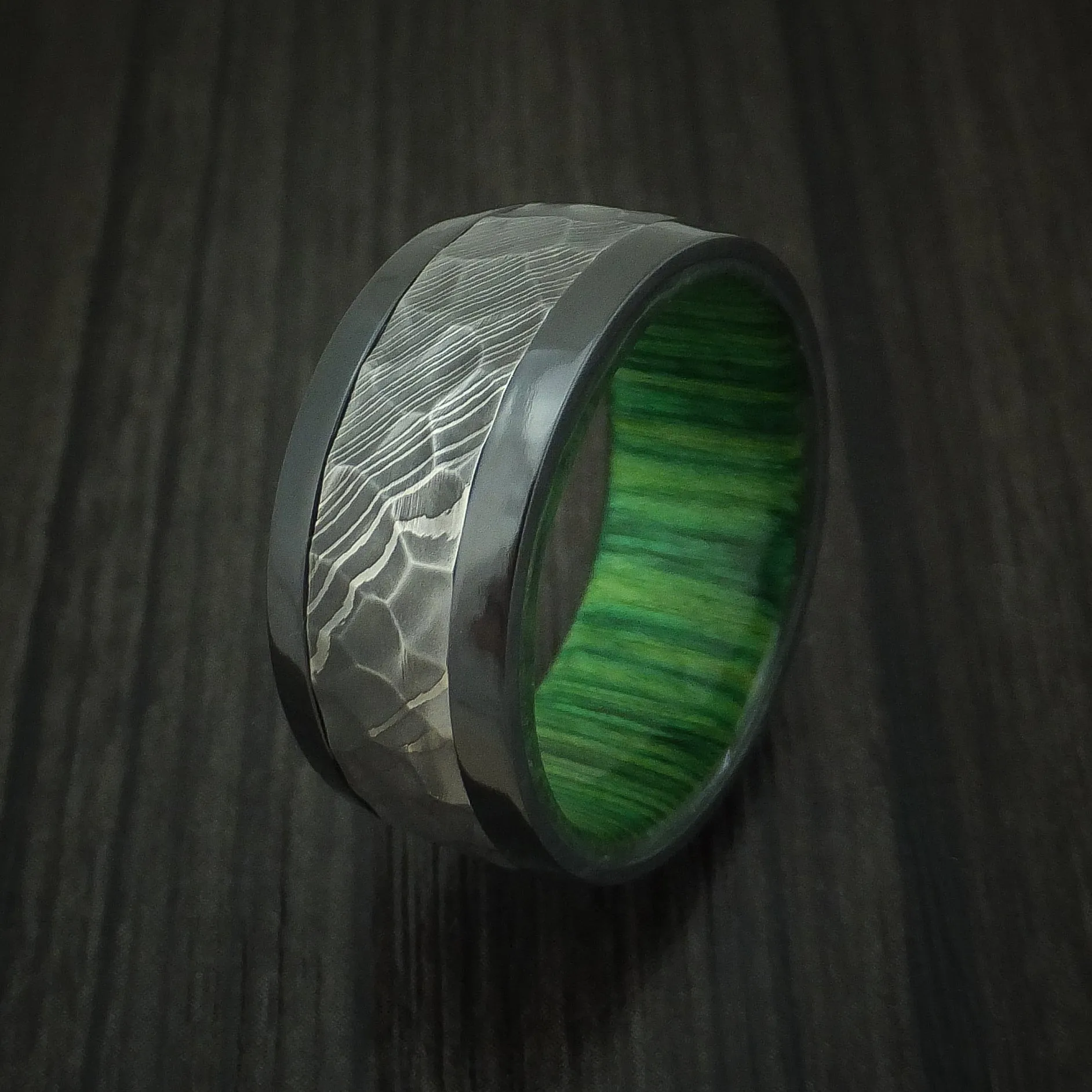 Black Zirconium and Hammered Damascus Steel Band with Hardwood Sleeve Custom Made Men's Ring