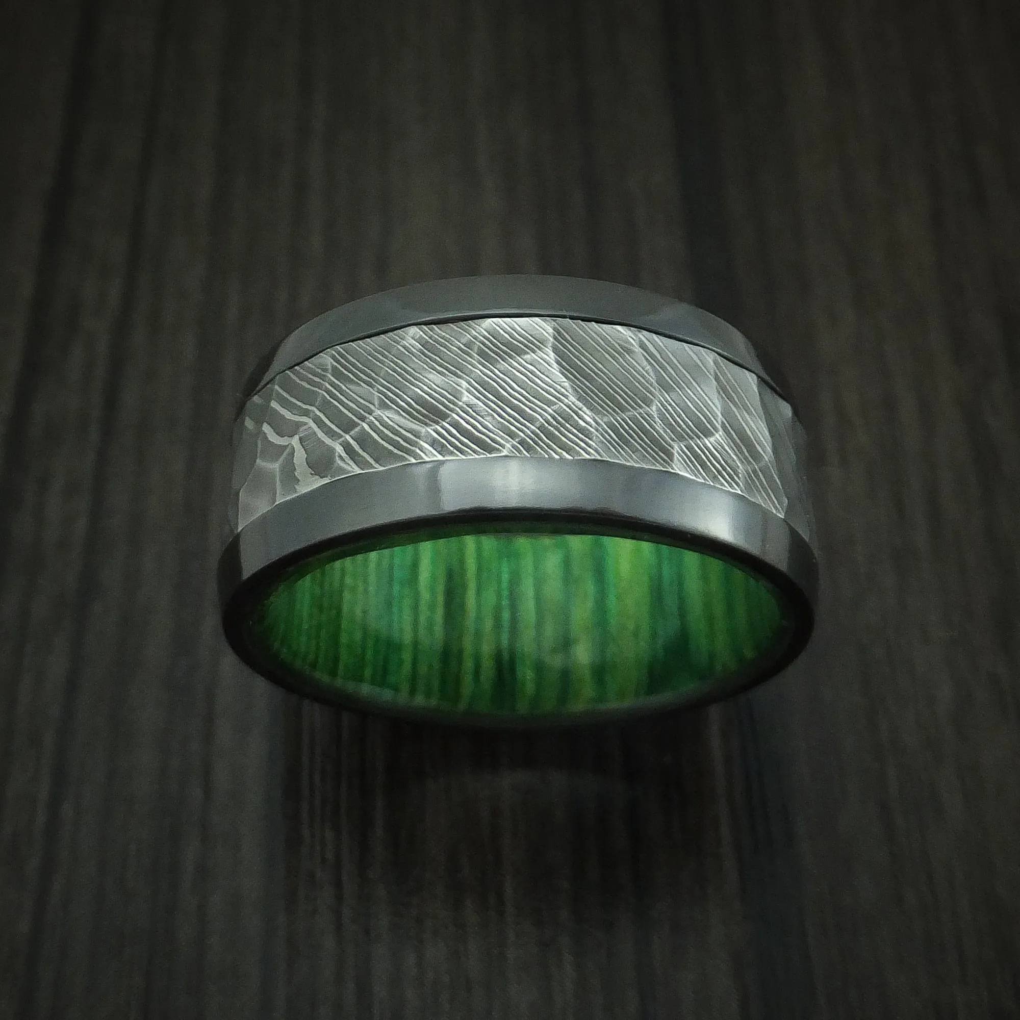 Black Zirconium and Hammered Damascus Steel Band with Hardwood Sleeve Custom Made Men's Ring