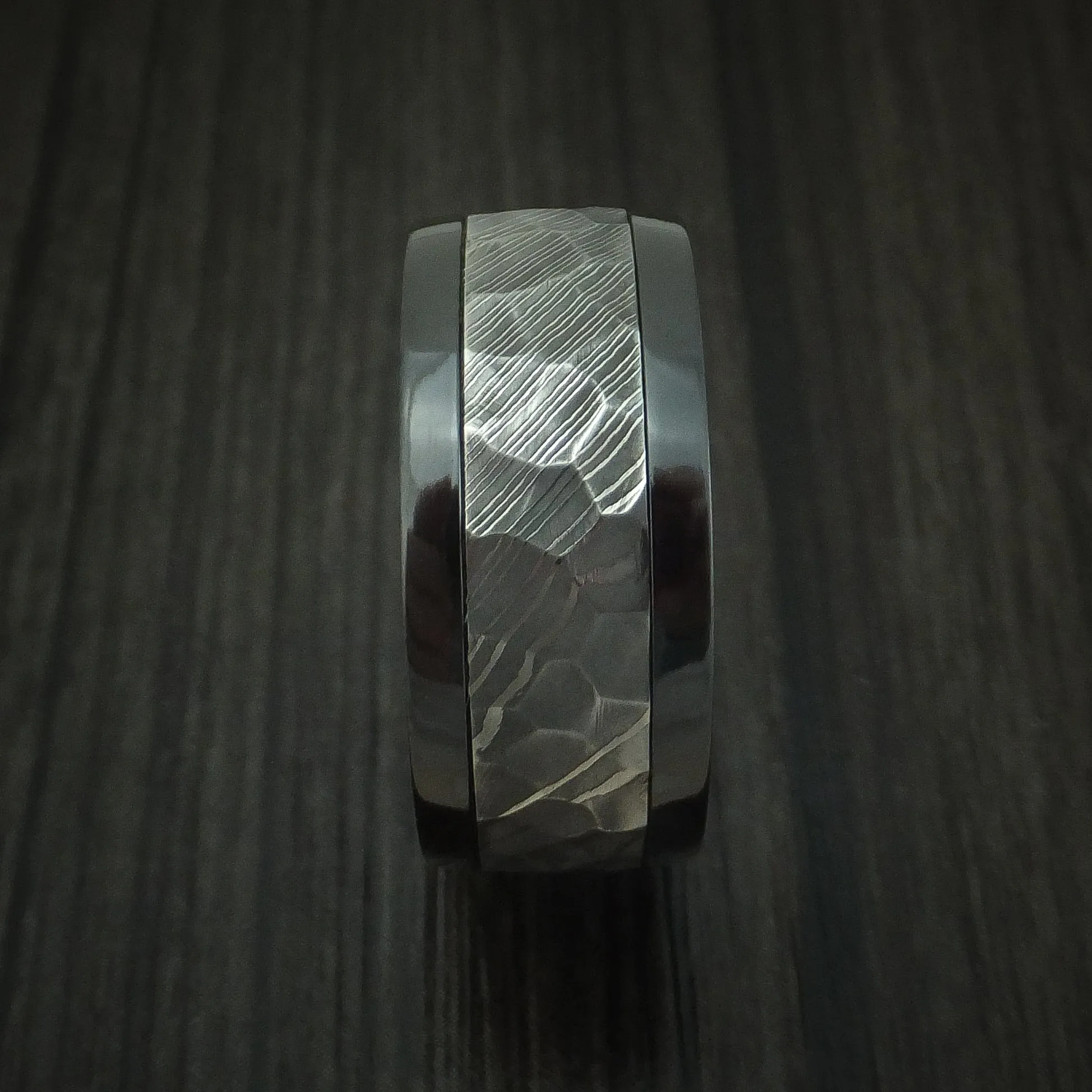 Black Zirconium and Hammered Damascus Steel Band with Hardwood Sleeve Custom Made Men's Ring