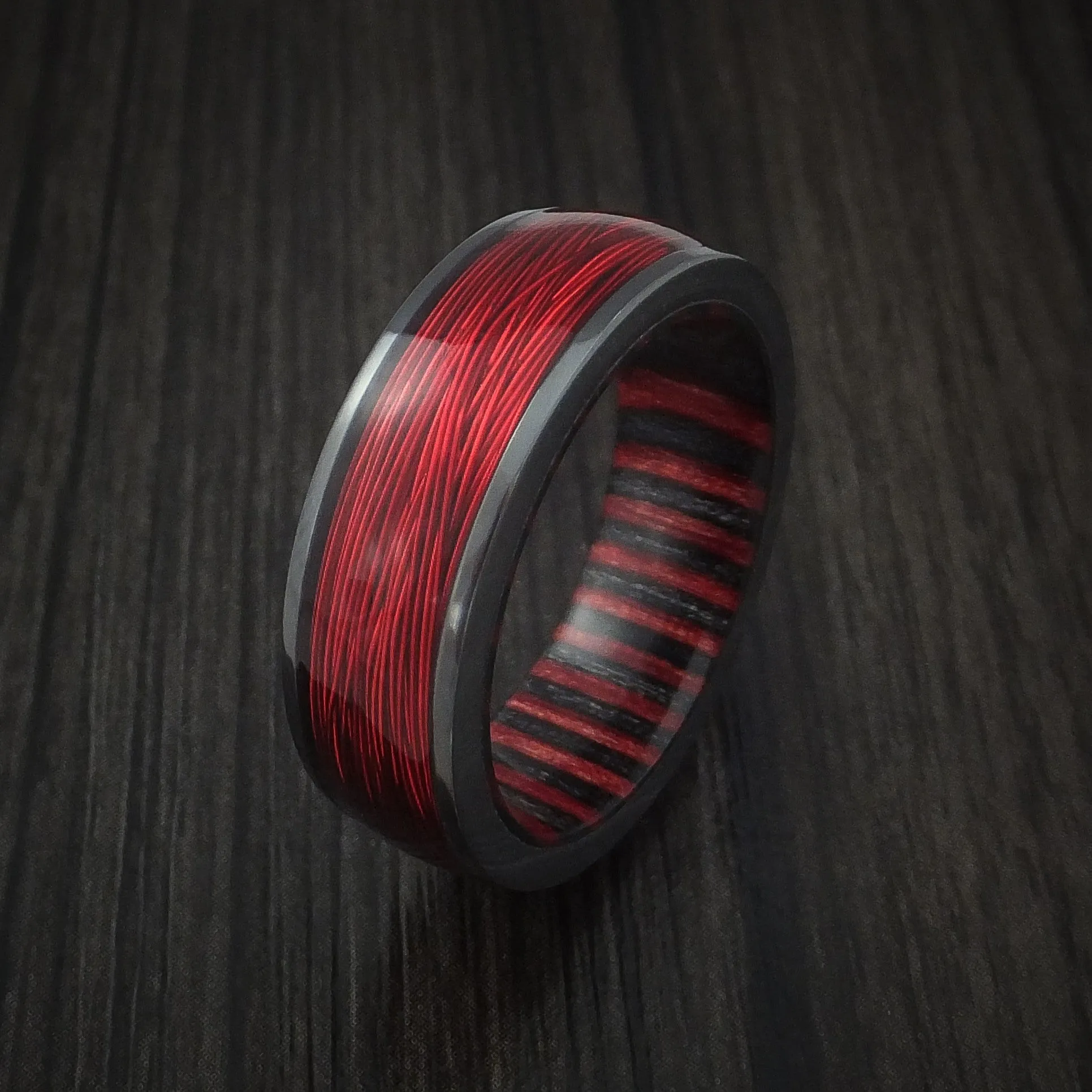 Black Zirconium and Wire Men's Ring with Applejack Wood Sleeve Custom Made