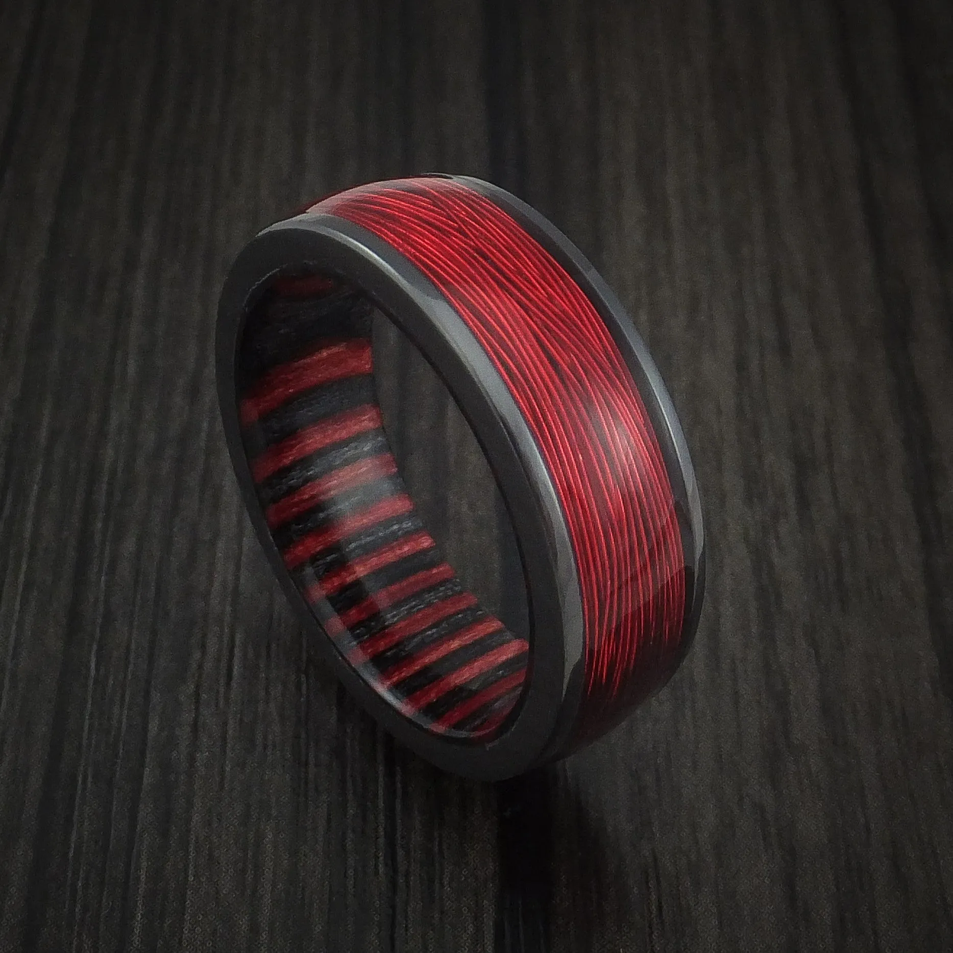 Black Zirconium and Wire Men's Ring with Applejack Wood Sleeve Custom Made