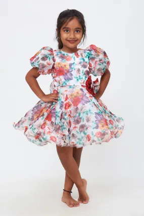 Blooming Beauty: Girls Floral Dress with Sparkling Red Bow Accent