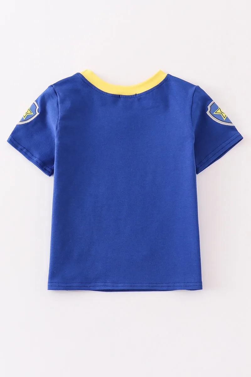 Blue character applique boy top