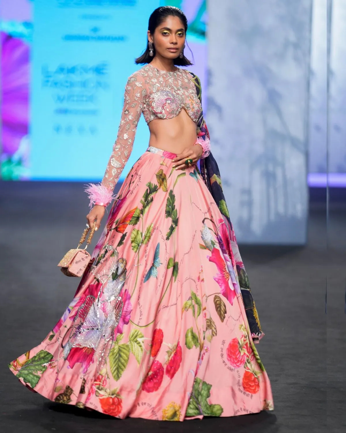 Blush Pink Satin Organza Printed Lehenga Set