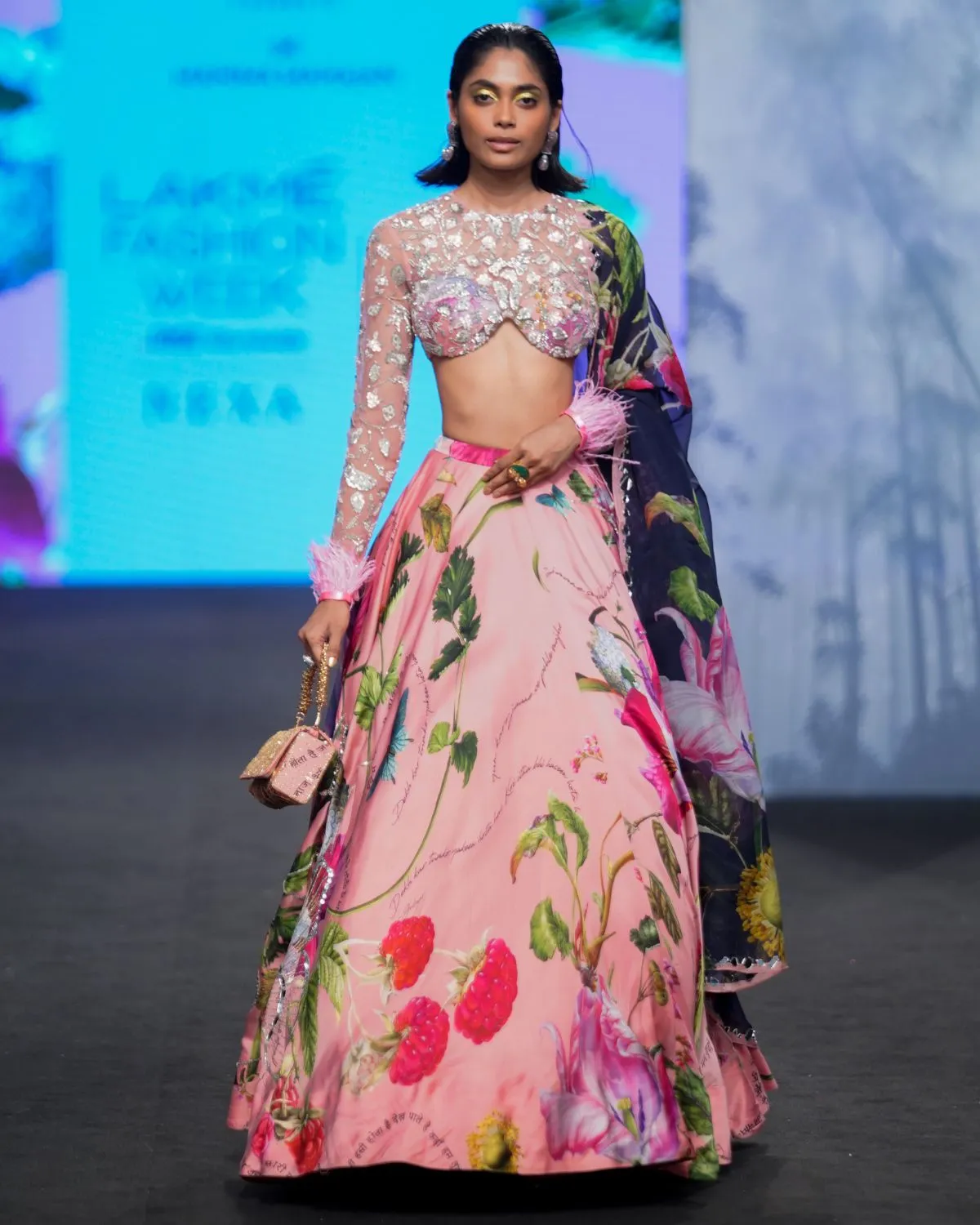 Blush Pink Satin Organza Printed Lehenga Set