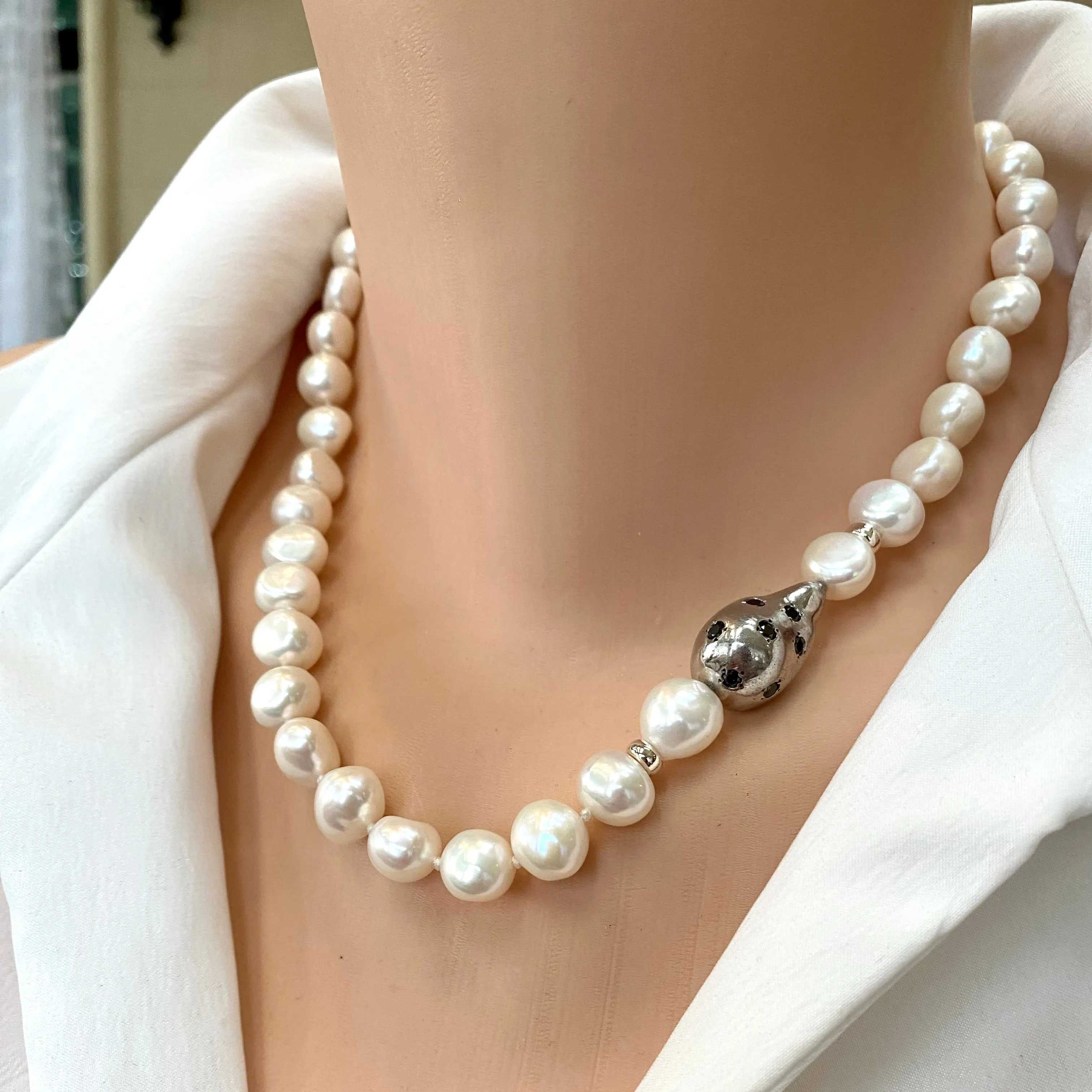 Breathtaking Bridal Pearl Necklace with Black Zircon and Sterling Silver Elements, 18inches