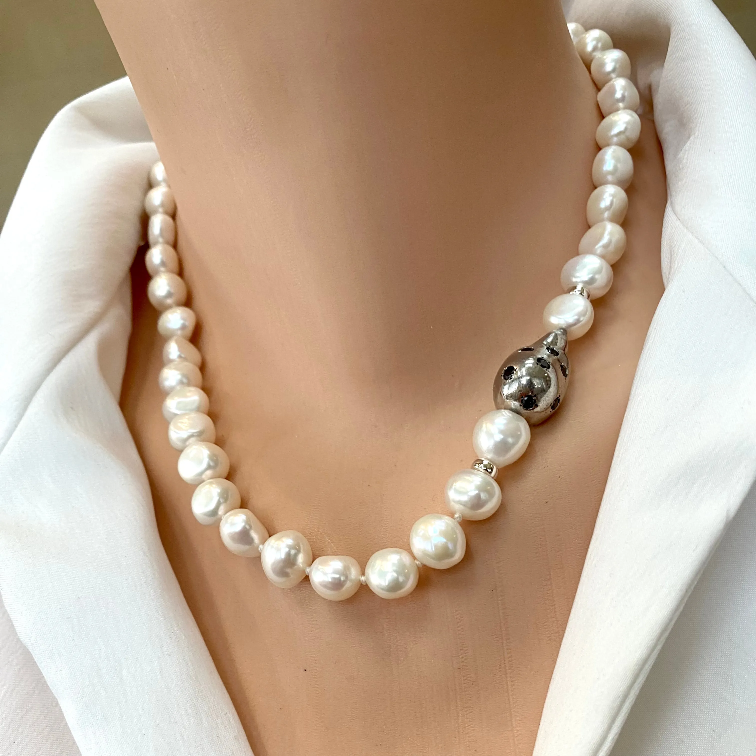 Breathtaking Bridal Pearl Necklace with Black Zircon and Sterling Silver Elements, 18inches