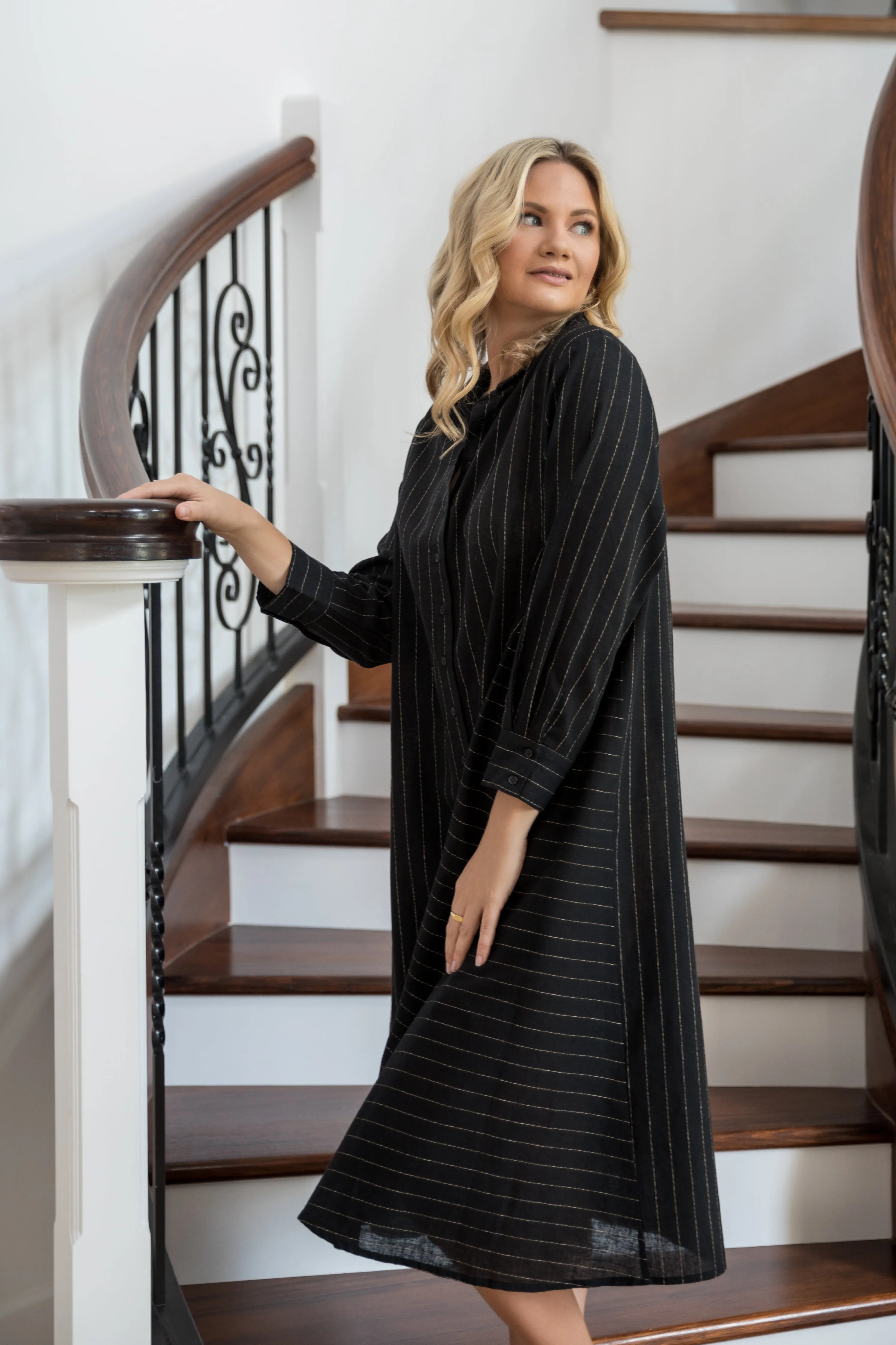 Cadillia Dress in Black Pinstripe