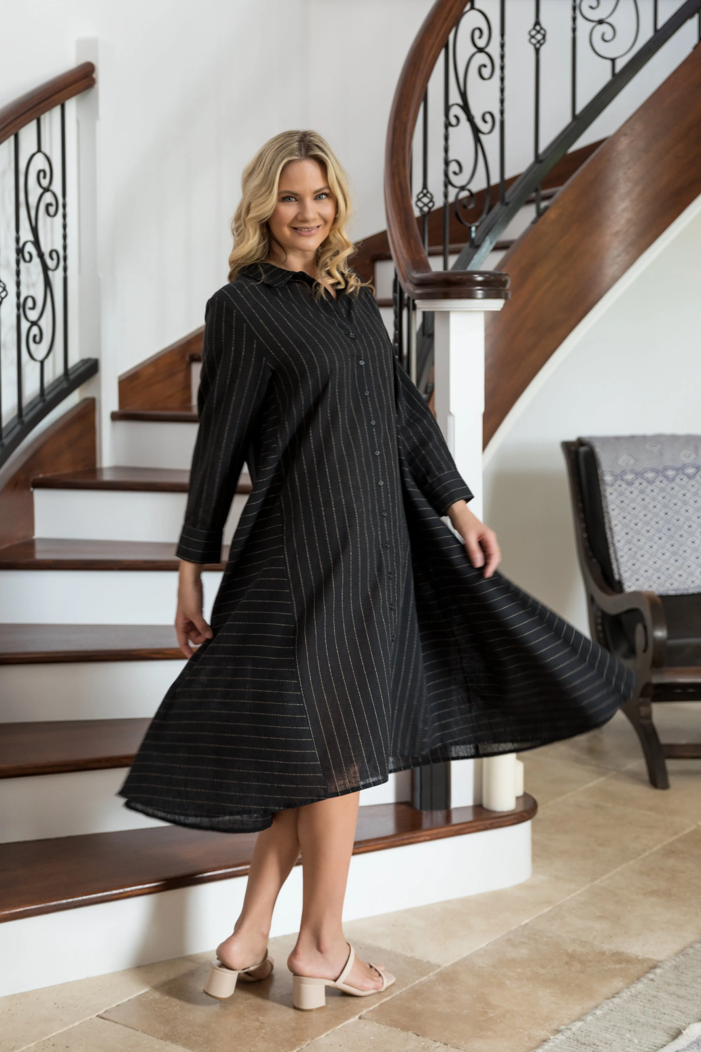 Cadillia Dress in Black Pinstripe