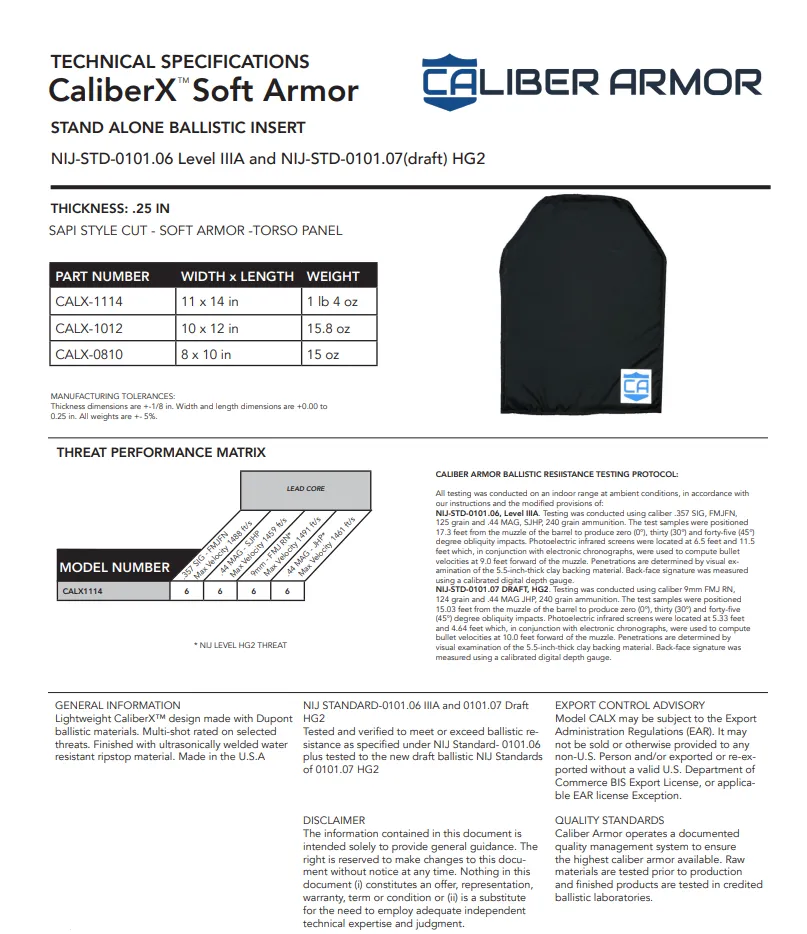 Caliber Armor CaliberX Soft Armor Side Panels