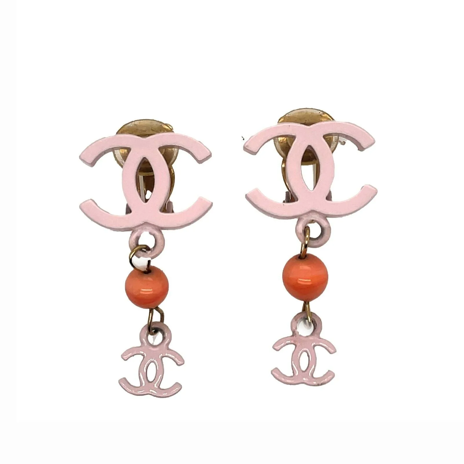 CHANEL- Summer 2003 - 03 S Pale Pink Orange - Double CC Dangle Clip-On Earrings