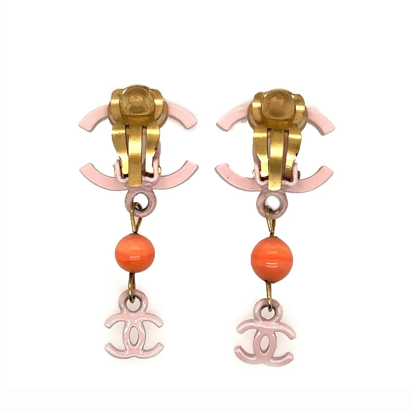 CHANEL- Summer 2003 - 03 S Pale Pink Orange - Double CC Dangle Clip-On Earrings