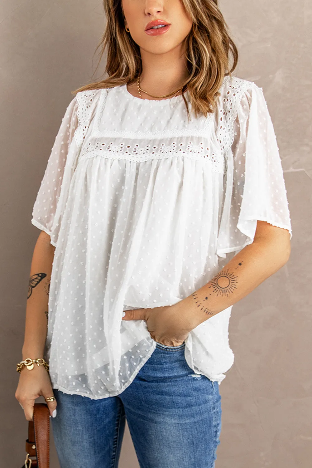 Chic White Flutter Sleeves Sheer Textured Babydoll Top