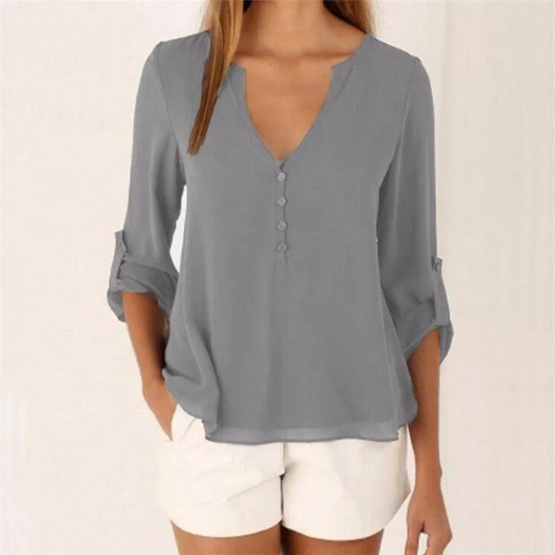 CHIFFON BUTTON-UP V-NECK BLOUSE  WITH 3/4 SLEEVES