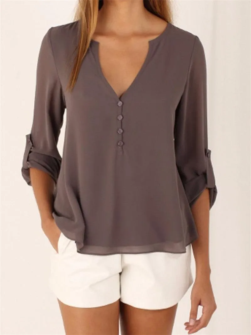 CHIFFON BUTTON-UP V-NECK BLOUSE  WITH 3/4 SLEEVES