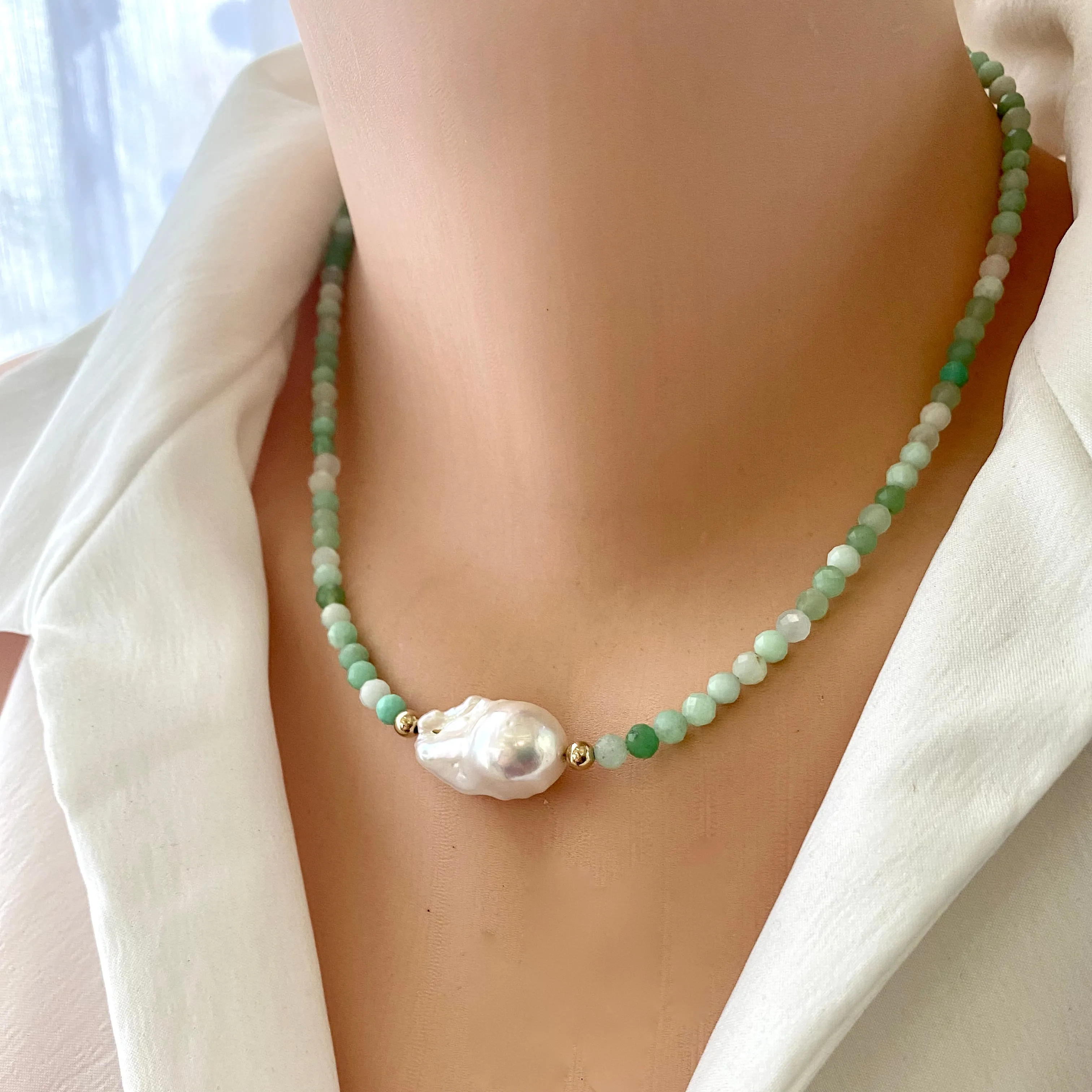 Chrysoprase Necklace with Freshwater Baroque Pearl, Gold Filled Details, 17.5inches