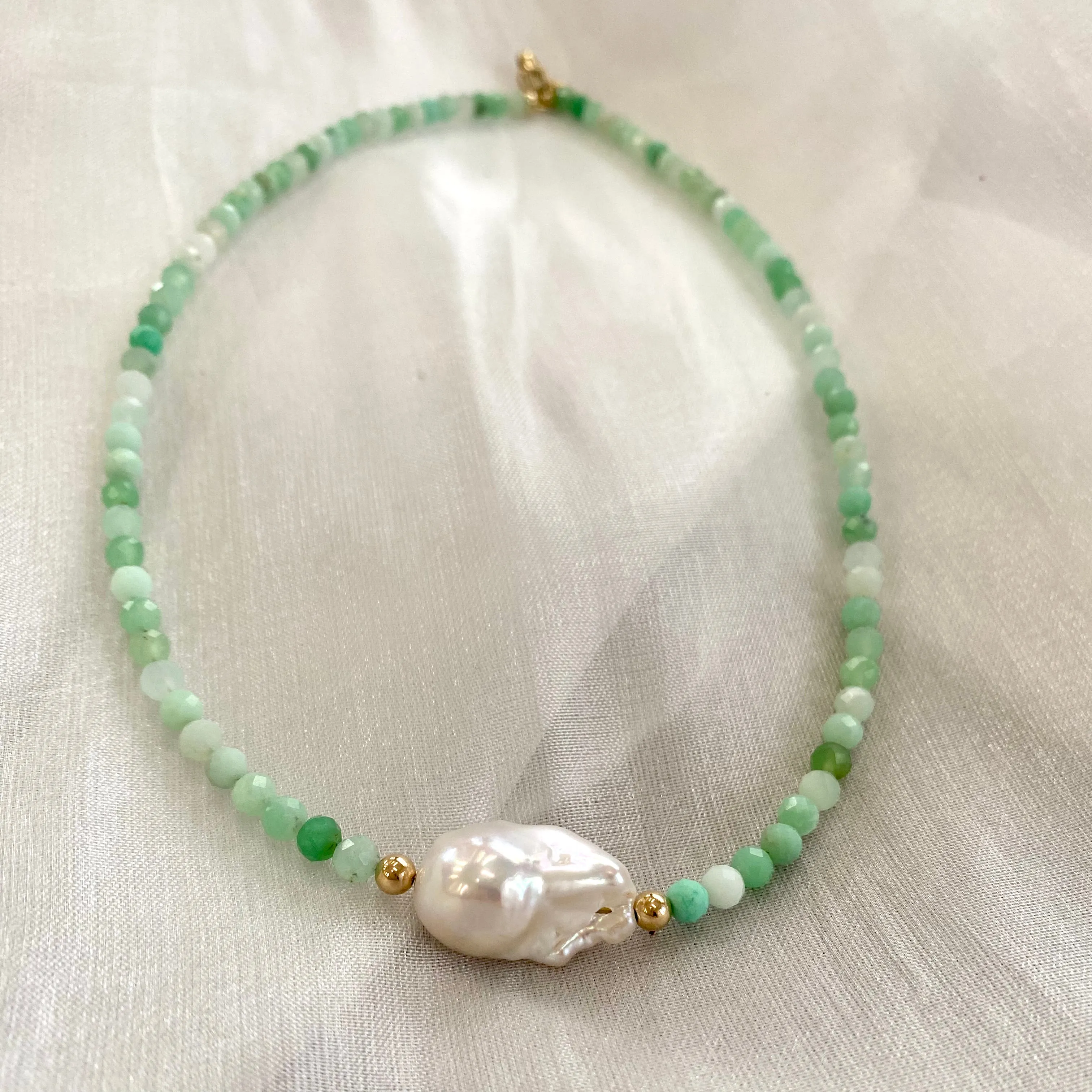 Chrysoprase Necklace with Freshwater Baroque Pearl, Gold Filled Details, 17.5inches