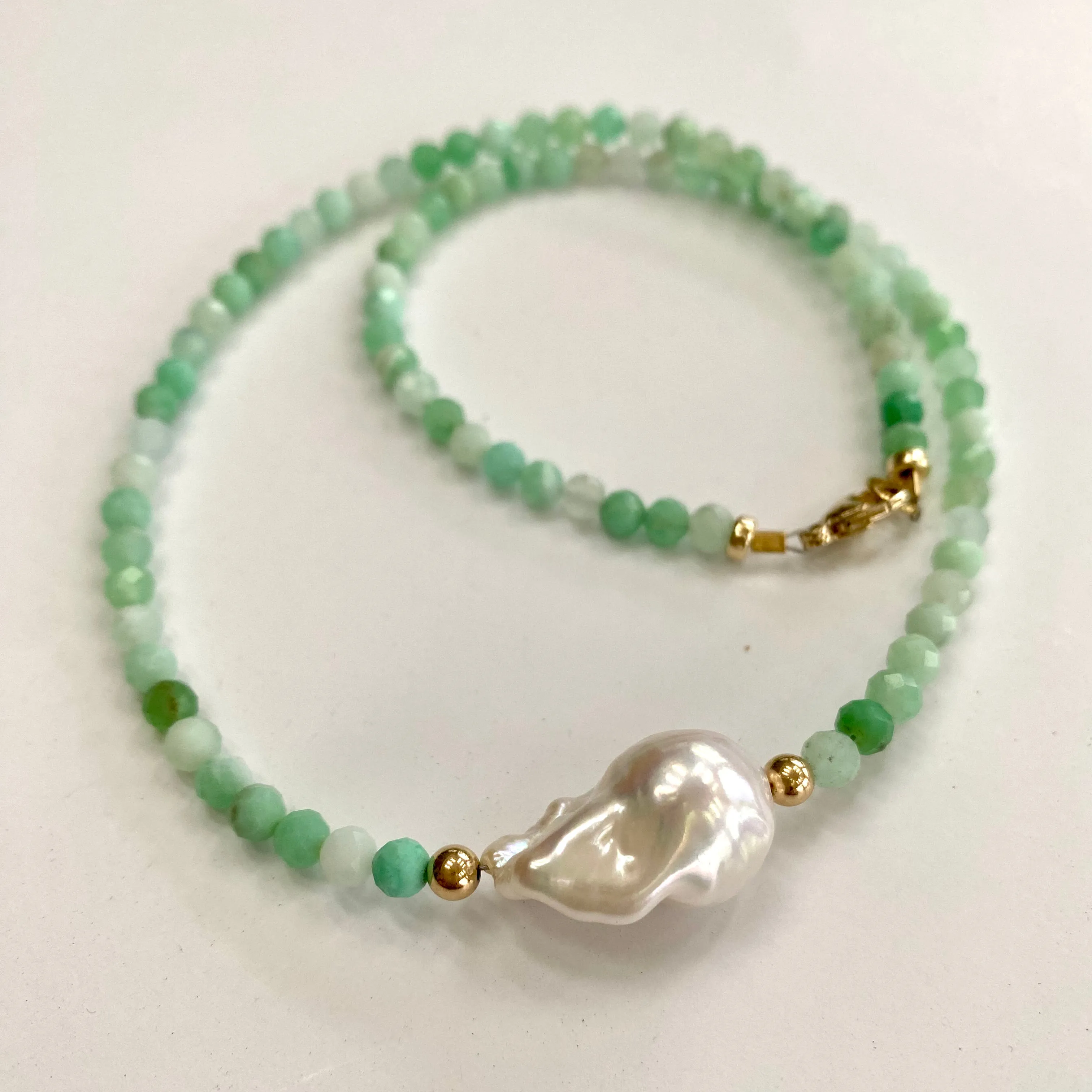 Chrysoprase Necklace with Freshwater Baroque Pearl, Gold Filled Details, 17.5inches