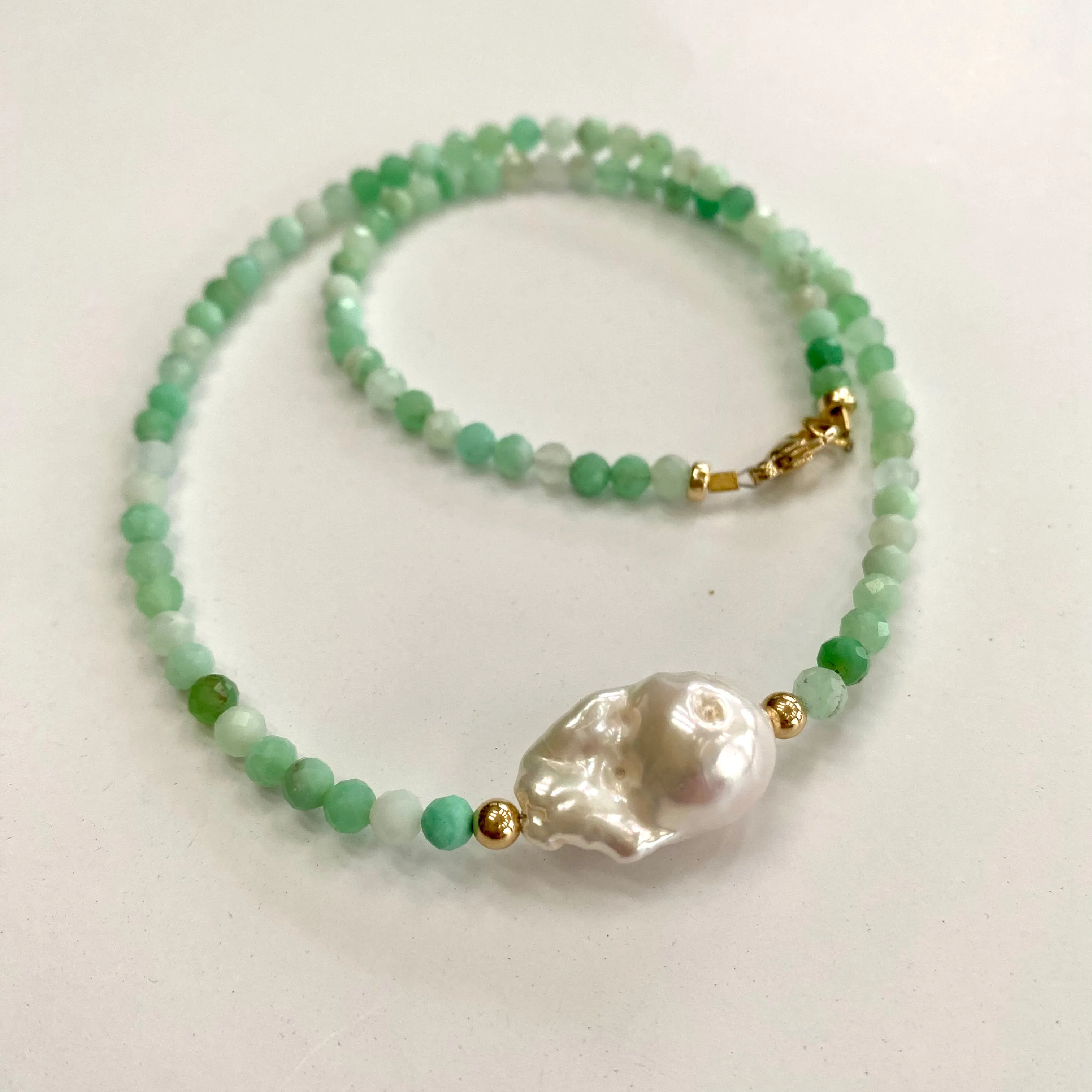 Chrysoprase Necklace with Freshwater Baroque Pearl, Gold Filled Details, 17.5inches