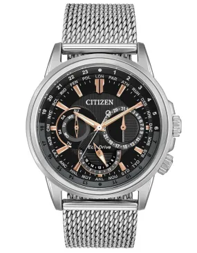 Citizen Mens Eco-Drive Calendrier Watch - Stainless - Black Dial - Mesh Bracelet