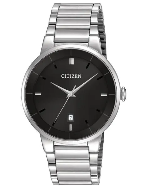 Citizen Quartz Mens Watch - Black Dial - Steel Case & Bracelet - Date Window