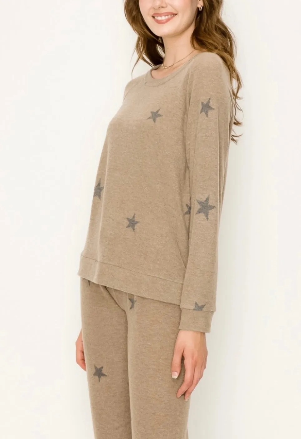 Comfy top with dolman sleeves top In our  charcoal stars print cozy brushed Jersey