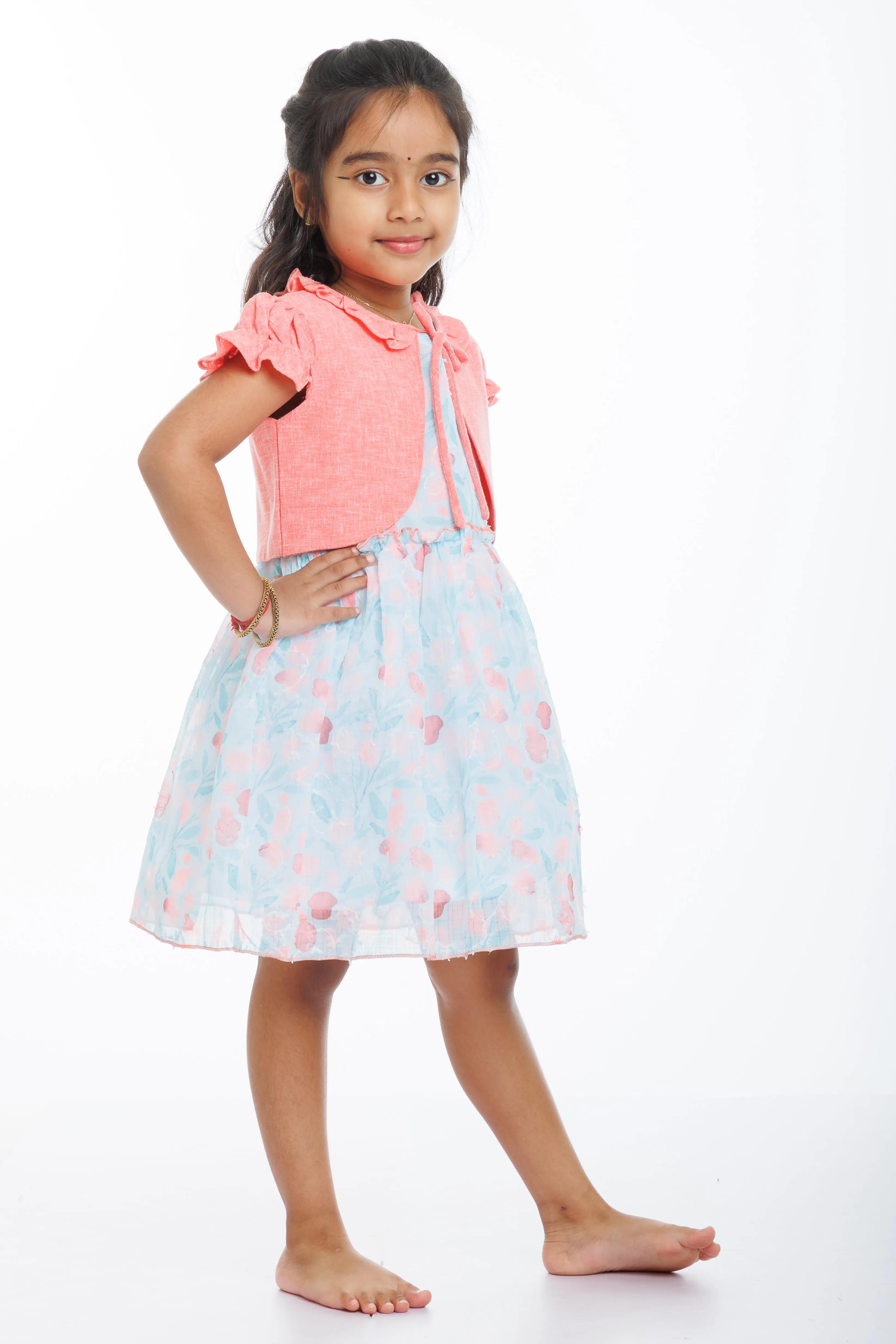 Coral Charm Girls Fancy Frock with Floral Sheer Jacket