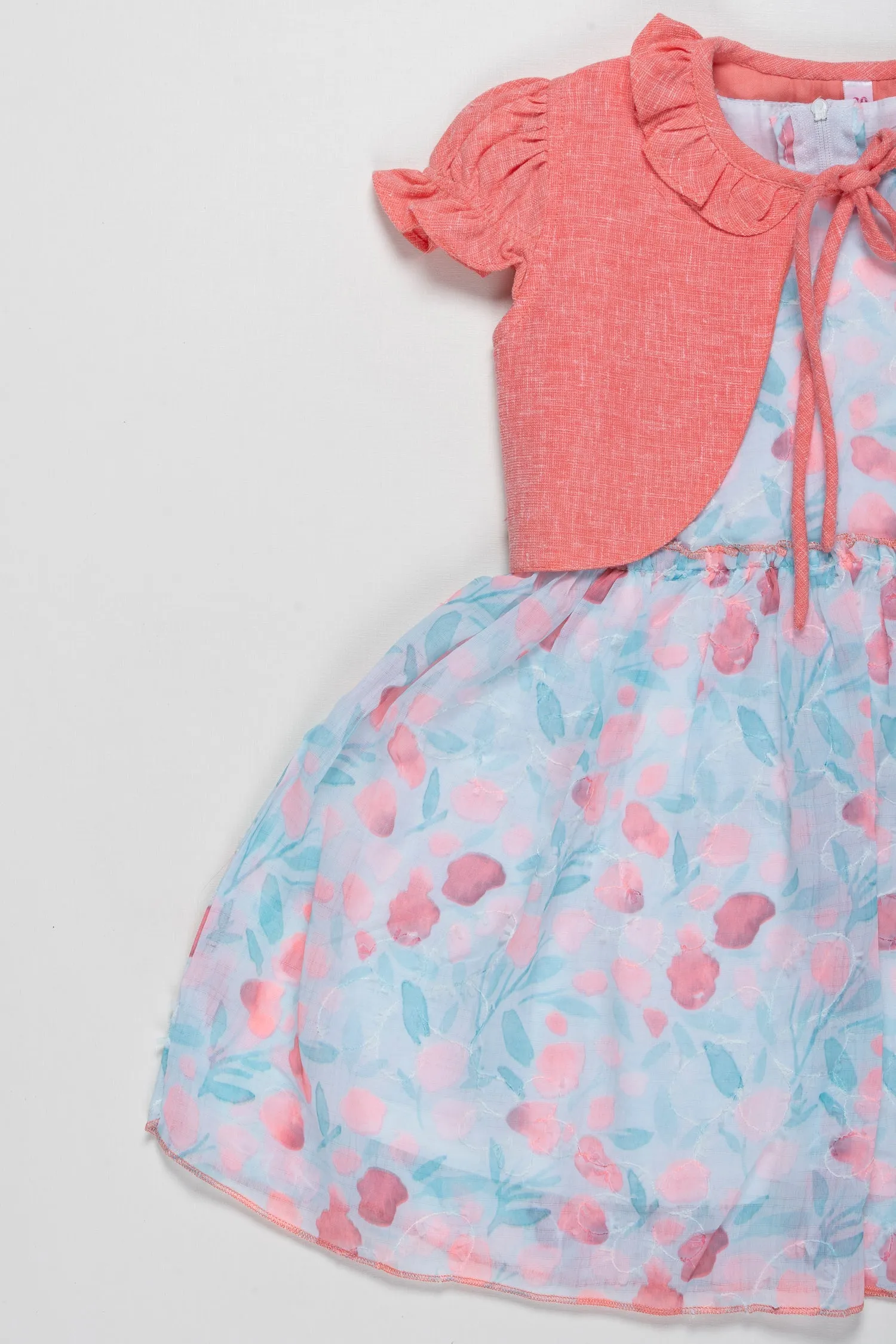 Coral Charm Girls Fancy Frock with Floral Sheer Jacket