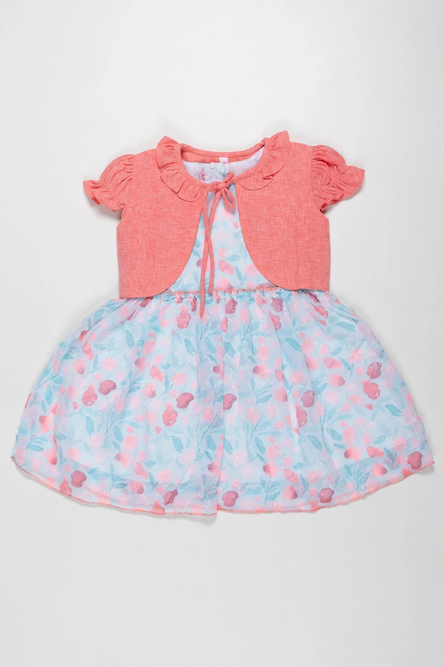 Coral Charm Girls Fancy Frock with Floral Sheer Jacket