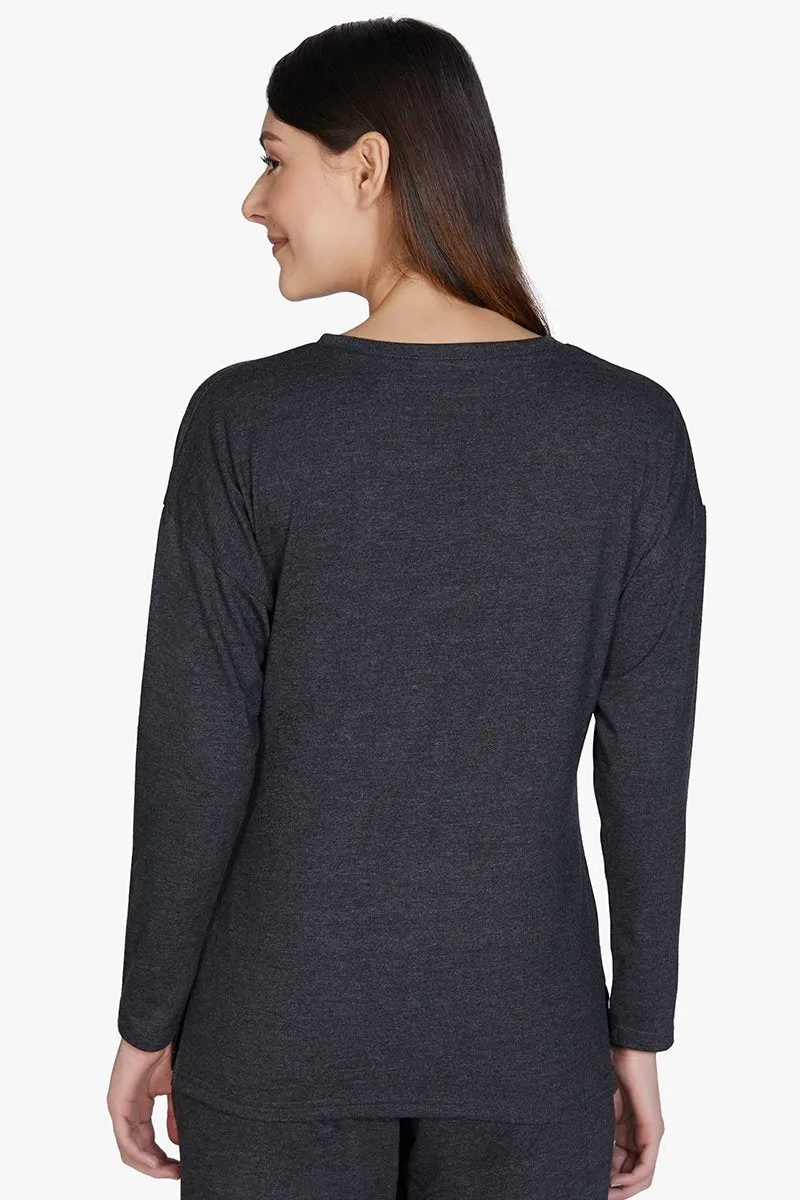 Cotton Blend Long Sleeve Sleep T-shirt - Charcoal