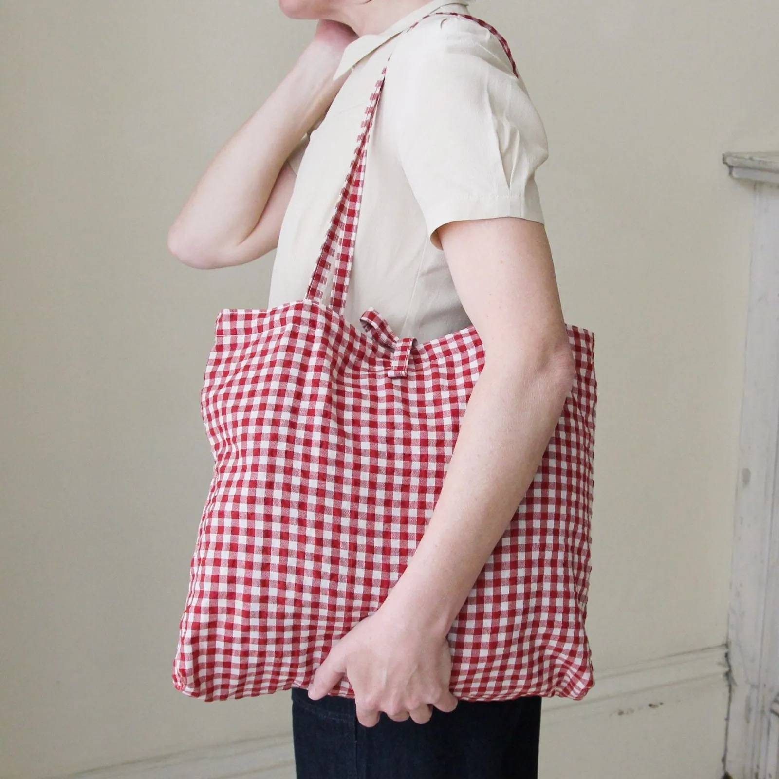 Cotton Gingham Tote Bag - Red and White