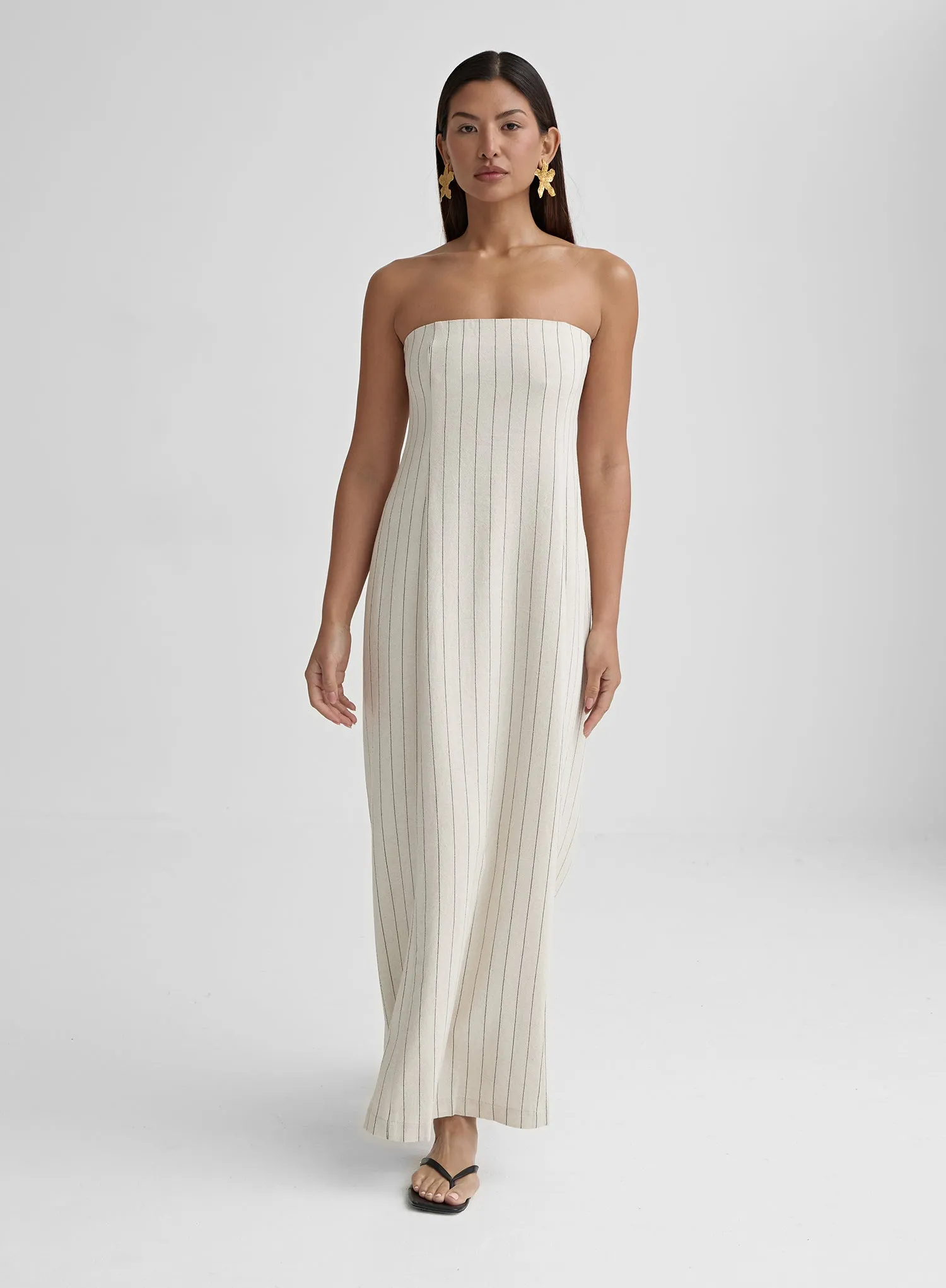 Cream Stripe Bandeau Linen Dress- Victoria